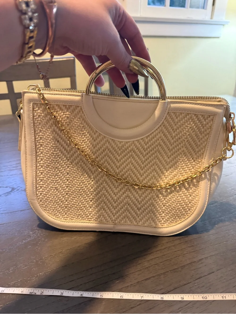 Cream Woven Satchel Crossbody Bag with Gold Ring Handles